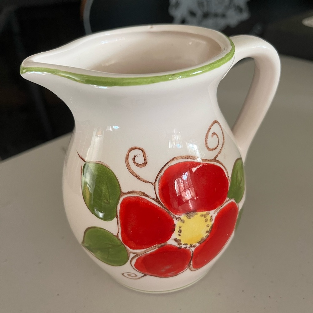 Floral Ceramic Pitcher with Red Flower Design